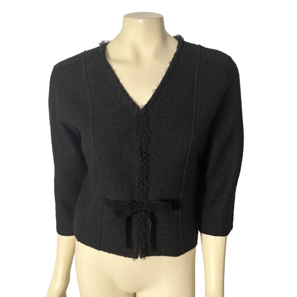 Kenji 100% Wool‎ Black Cardigan Jacket Women's L Bow Front 3/4 Sleeve Elegant